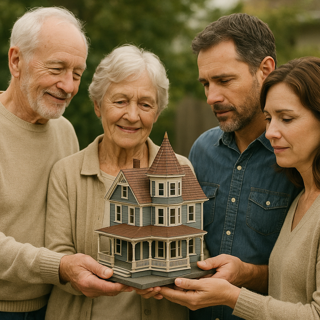 An older couple and a younger couple holding an inherited house